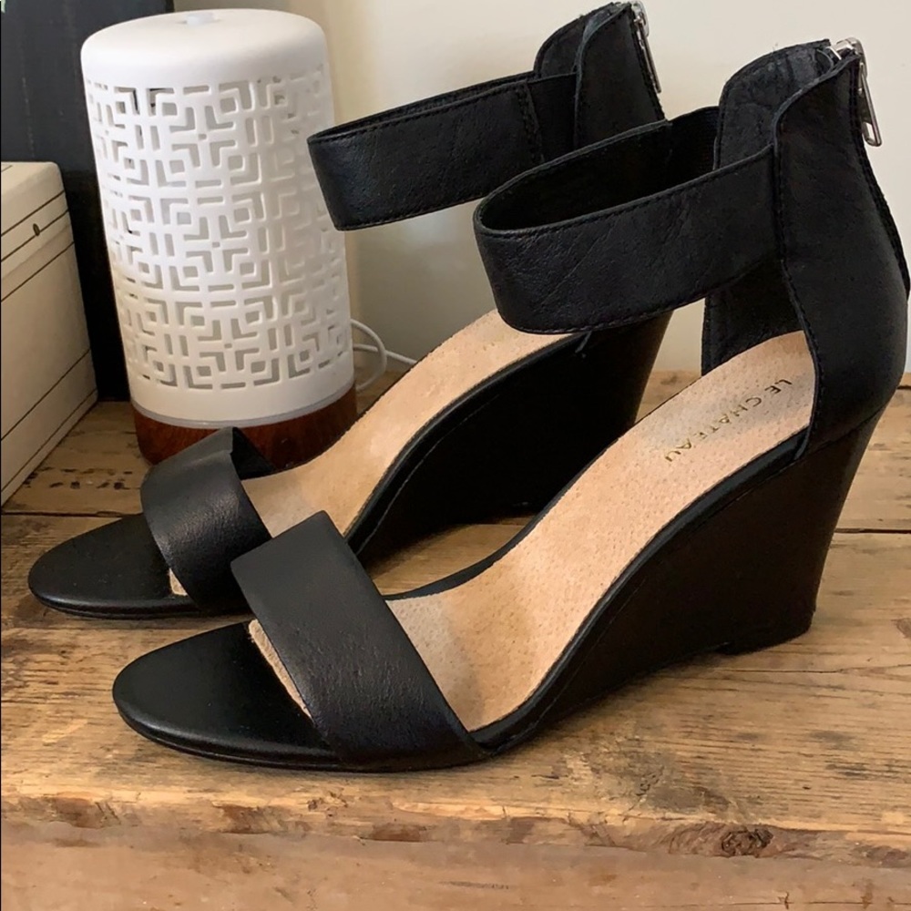 Le Chateau Black Leather Strap Wedge Heels